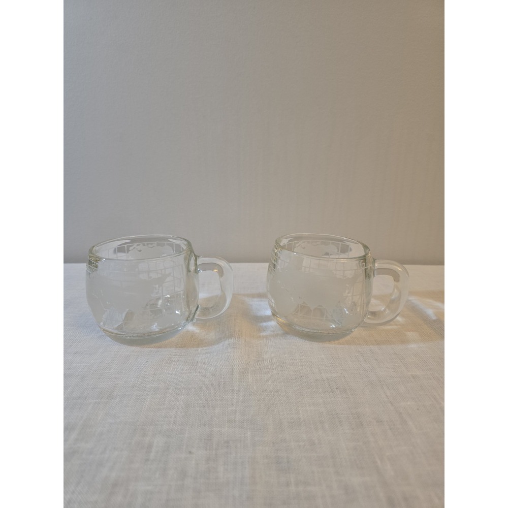 NESTLE NESCAFE Etched Clear Glass WORLD GLOBE MAP Coffee Tea Mugs Lot 2 Vintage